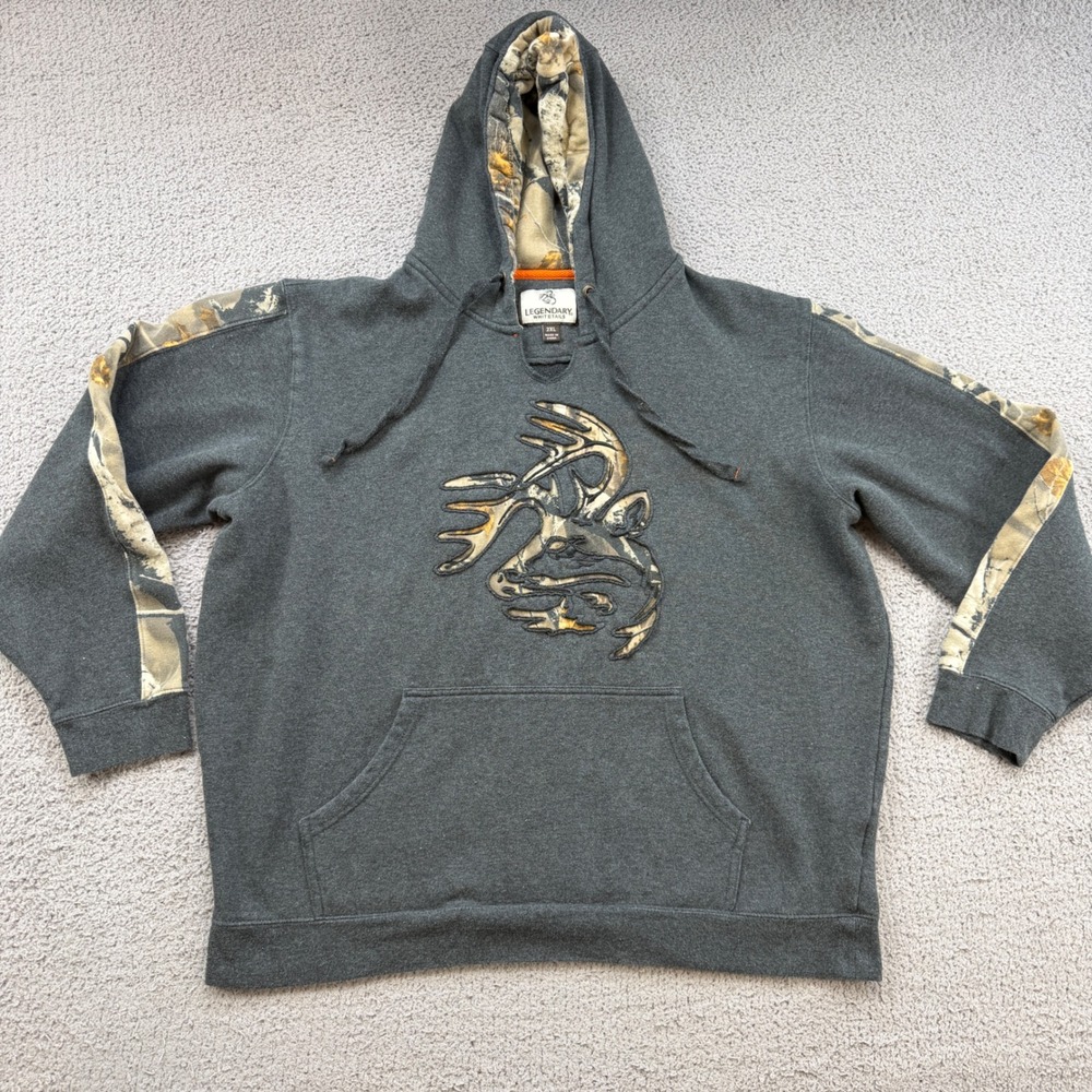 Legendary Whitetails Mens 2XL Gray Camo Deer Head Buck Fleece Hoodie Sweatshirt
